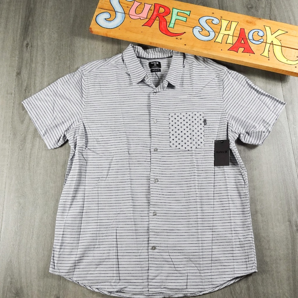 Mens Hurley Button Down Stars And Stripes Black Grey Short Sleeve Shirt Size XXL